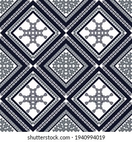Patrón geométrico étnico sin costuras. Diseño tradicional para fondo, papel pintado, ropa, envoltura, alfombra, azulejos, tela, decoración, ilustración vectorial, estilo bordado. Fondo blanco y marino.