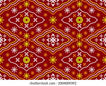Geometric ethnic seamless pattern traditional. White,yellow and red tone. Design for background,carpet,wallpaper,clothing,wrapping,Batik,fabric,Vector illustration.embroidery style.