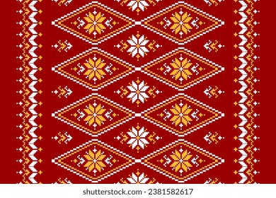 Geometric ethnic seamless pattern traditional. Red carpet flower decoration. American, Mexican style. Design for background, wallpaper, illustration, fabric, clothing, textile, batik, embroidery.