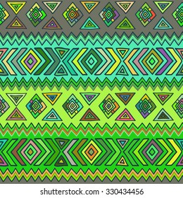 Geometric, ethnic, seamless pattern. Traditional folk structure, pattern of triangles, stripes, diamonds and zigzags. Pattern for design background, packaging, wallpaper, fabrics, textiles.