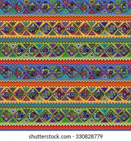 Geometric, ethnic, seamless pattern. Traditional folk structure, pattern of triangles, stripes, diamonds, zigzags.