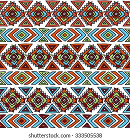 Geometric, ethnic, seamless pattern. Traditional folk structure, pattern of triangles, stripes, diamonds and zigzags. Pattern for design background, packaging, wallpaper, fabrics, textiles.