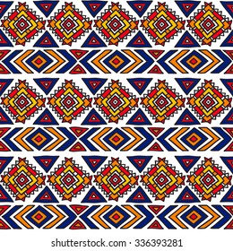 Geometric, ethnic, seamless pattern. Traditional folk structure, pattern of triangles, stripes, diamonds and zigzags. Pattern for design background, packaging, wallpaper, fabrics, textiles