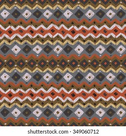 Geometric, ethnic, seamless pattern. Traditional folk structure, pattern of triangles, stripes, diamonds and zigzags, painted by hand.