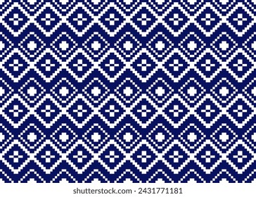 Patrón sin fisuras étnico geométrico tradicional. Diseño de arte de píxeles para fondo, papel pintado, ilustración, tela, ropa, alfombra, textil, batik, bordado. color azul y blanco.
