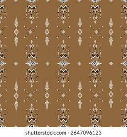 Padrão étnico geométrico sem costura, tecido tribal, azulejo, seda tailandesa, vetor, design de ilustração, oriental tradicional, fundo marrom, papel de parede