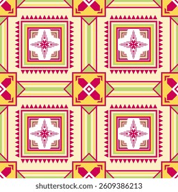 Geometric Ethnic Seamless Pattern, Yellow, Green, Red, Navajo, Aztec, Native, Repeat Design, Zigzag, Colorful, Cross, Grid, Square, Stripes, for textiles, fabric, background, rug, curtain, wallpaper
