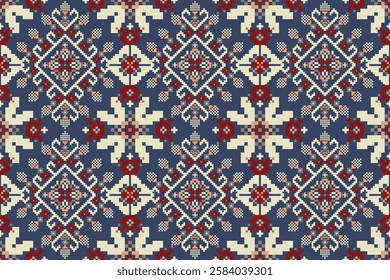 Geometric ethnic seamless pattern,geometric floral seamless pattern on blue background,vector illustration,Aztec style,floral cross stitch embroidery.design for texture,fabric,clothing,decoration.