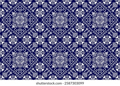 Geometric ethnic seamless pattern,geometric floral seamless pattern on blue background,vector illustration,Aztec style,floral cross stitch embroidery.design for texture,fabric,clothing,decoration.