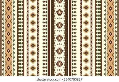 Geometric Ethnic Seamless Pattern,Traditional vector design featuring bold vertical stripes and intricate triangle zig-zag borders in navy blue, and brown for textiles and fabric printing