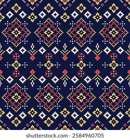 Geometric ethnic seamless pixel pattern, embroidery style. Design for fabric, clothing, cross stitch, decoration, wrapping, wallpaper, batik, texture, carpet, curtain, cushion, patchwork and textile.