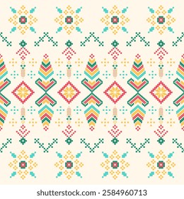 Geometric ethnic seamless pixel pattern, embroidery style. Design for fabric, clothing, cross stitch, decoration, wrapping, wallpaper, batik, texture, carpet, curtain, cushion, patchwork and textile.