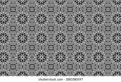 Geometric ethnic texture in doodling style. Indian background of a pattern of intertwined lines and stars for coloring book, wallpaper. Abstract black white template.