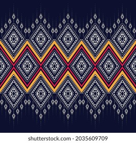 Geometric ethnic texture embroidery design with Dark Blue background design, skirt,carpet,wallpaper,clothing,wrapping,Batik,fabric,sheet white,yellow and pink triangle shapes Vector, illustration.eps