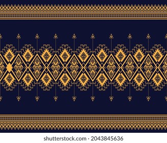 Geometric ethnic texture embroidery design with Dark Blue background design, skirt,wallpaper,clothing,wrapping,Batik,fabric,sheet, yellow triangle shapes Vector, illustration Texture.eps

