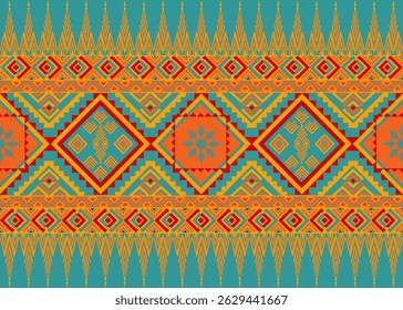 Geometric ethnic traditional pattern green and orange designed for fabric print, textile, carpet, decoration.