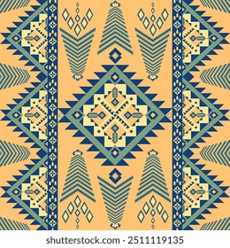 padrão étnico tradicional geométrico em amarelo e azul marinho, aztec, tribal, americano, design de tecidos indianos para tapete envoltório ilustração decorativa