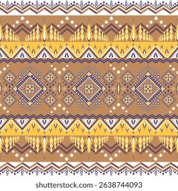 Geometric Ethnic Traditional Yellow Brown Blue Native Pattern American Tribal Seamless Oriental Fabric Design for background, rug, wallpaper, wrapping, cloth, fabric, textile, carpet, tile, embroidery