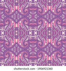 Geometrisches ethnisches Stammesgefühl für Gewebe. Abstrakter Lavendel ohne Nahtmuster. mexikanisches Doodle-Design