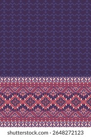 Geometric ethnic tribal pattern, striking textile pattern features rhythmic wave motifs and diamond shapes on dark blue.