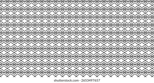 Geometric ethnic-inspired seamless pattern with diamond shapes and intricate lines, perfect for textile, wallpapers, and traditional art projects. ethnic, pattern, geometric, seamless, traditional.

