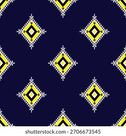 Geometrische ethnische Textur Stickerei Dreieck auf dunkelblauem Hintergrund.Gut für Tapete, Stoff, Teppich, Umhüllung, Kleidung, Rock, Triangleshapes gelb, weiß und schwarz Textur Vektor.nahtloses Muster.