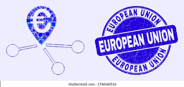 Geometric euro location links mosaic icon and European Union seal. Blue vector round textured seal with European Union message. Abstract composition of euro location links combined of round, tringle,