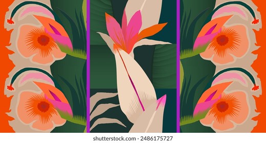 Geometrische exotische Blumenmuster. Einzigartiger abstrakter botanischer Druck. Modische Vorlage für Design. 