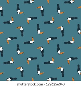 Geometric exotic seamless pattern with zoo toucan bird silhouettes. Blue pale background. Animal print. Flat vector print for textile, fabric, giftwrap, wallpapers. Endless illustration.