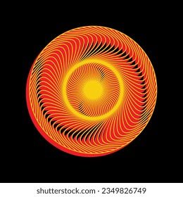 Mandala de ojo geométrico. Icono Amarillo extruido 3D con los lados rojos un fondo negro. Ilustración.