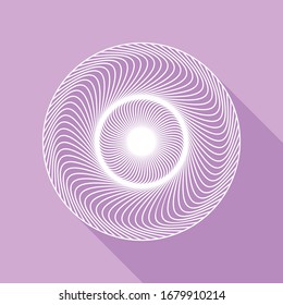 Geometric eye mandala. White Icon with long shadow at purple background. Illustration.