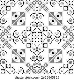 Geometric Eye Motif Seamless Pattern in Monochrome