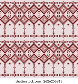 Padrão vermelho floral-abstrato sem costura combinando elementos geométricos e decorativos. Ideal para projetos de arte popular, têxteis, decoração de casa, tapetes e artesanato de tecido.