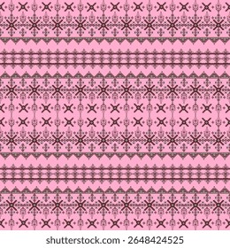 Padrão étnico tailandês contínuo em tons de rosa e vermelho. Design têxtil geométrico tradicional inspirado na arte folclórica asiática. Perfeito para tecido, papel de parede e decoração cultural.