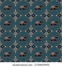 Geometric fabric design featuring a continuous elephant pattern, in a modern Thai style. The color palette includes dark bluish-green, light blue, brick orange, and white, resembling tribal or traditional textiles.