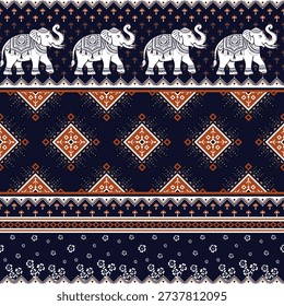 Geometric fabric design featuring a continuous elephant pattern, in a modern Thai style, using yellow and black tones, resembling tribal or traditional fabrics.