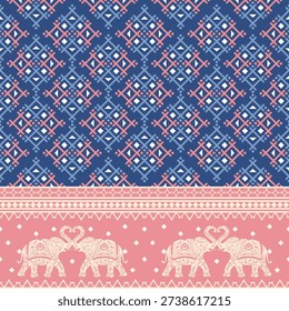 Geometric fabric design featuring a continuous elephant pattern, in a modern Thai style, using blue and pink tones, resembling tribal or traditional fabrics.