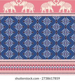 Geometric fabric design featuring a continuous elephant pattern, in a modern Thai style, using blue and pink tones, resembling tribal or traditional fabrics.