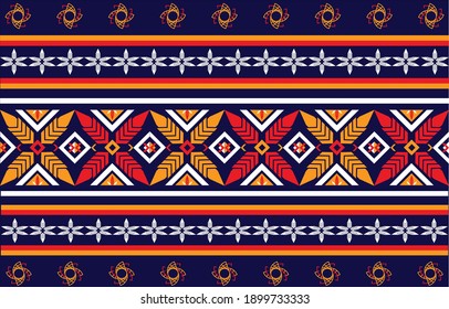 Geometric fabric pattern, blue, red, orange, yellow with flowers design for textiles, wallpaper, embroidery, sewing, black background.Vector illustration style.