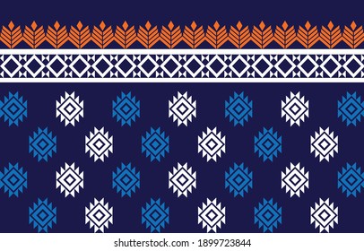 Geometric fabric pattern, blue, white, orange, design for textiles, wallpaper, embroidery, sewing, background.Vector illustration style.