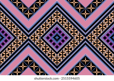 geometric fabric pattern with a bold and colorful design. It features a series of interconnected diamond shapes, with intricate detailing inside each diamond