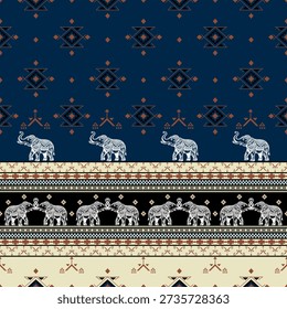 Geometric fabric pattern design Elephant pattern, continuous pattern, Thai style, dark blue, cream, brick orange, white, similar to tribal or local fabric patterns.