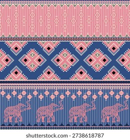 Geometric fabric pattern design Elephant pattern, continuous pattern, applied Thai, blue and pink tones, similar to tribal or local fabric patterns.