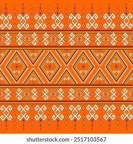 Geometric fabric pattern, ethnic style in tones of yellow, white, red, orange, consisting of patterns made from various bright shapes and colors put together. For printing patterns on woven fabric, bl