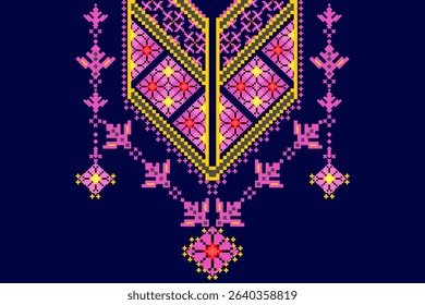 Geometric fabric pattern featuring pink, red, and yellow rectangles. Designed specifically for neckline decoration on clothing, combining modern style with bold color contrasts. Ideal for fashion.