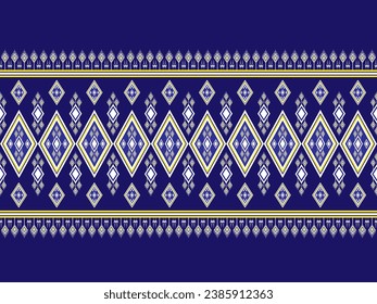 Geometrisches Stoffmuster mit Blumen verbunden, schön und einzigartig, ethnisch. Stickerei auf blauem Hintergrund, entwickelt für Kleidung, Fliesen, Kleidung, Textilien, Kissen, Stoffbeutel.
