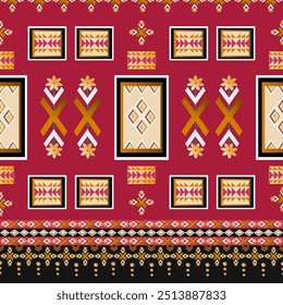 
The geometric fabric pattern with square shapes is the main element, arranged together to create a beautiful red-pink tone. 
Yellow, black for fabric patterns, shirts, bags, curtains, scarves, sarong