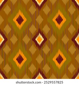 Patrón de tela geométrica, tela tribal, alfombra, diseño, patrón de tela tradicional, ikat, intrincado patrón sin costuras utilizando cuadrados de diamantes dispuestos en tonos naranjas. marrón claro y marrón oscuro