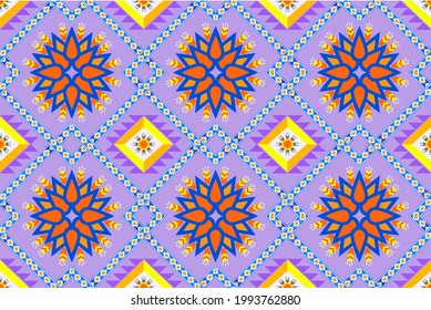 geometric fabric pattern Yellows and oranges, blues, purples, reds, blacks, whites feature brightly colored flowers and shadows that create dimension. Flat design concept for fabric pattern, curtains