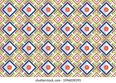geometric fabric pattern Yellows and oranges, blues, purples, reds, blacks, whites feature brightly colored flowers and shadows that create dimension. Flat design concept for fabric pattern, curtains